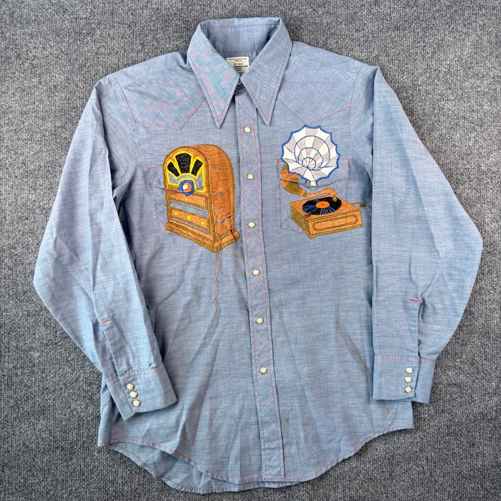 Vintage 70s Big Mac Chambray Shirt Mens M Blue Pearl Snap Embroidered